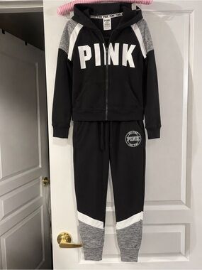 PINK Victoria's Secret Black, Gray & White Logo Hoodie and Jogger Set